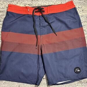 Quiksilver Men’s Size 32 Red/Navy Striped Swim Trunks (Un-lined)